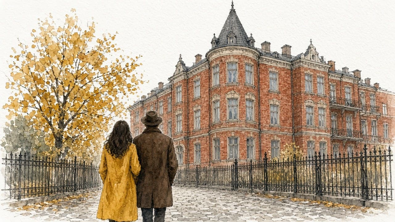 Par bakifrån som tittar på ett Stockholmskt tegelhus i höstbudgivning