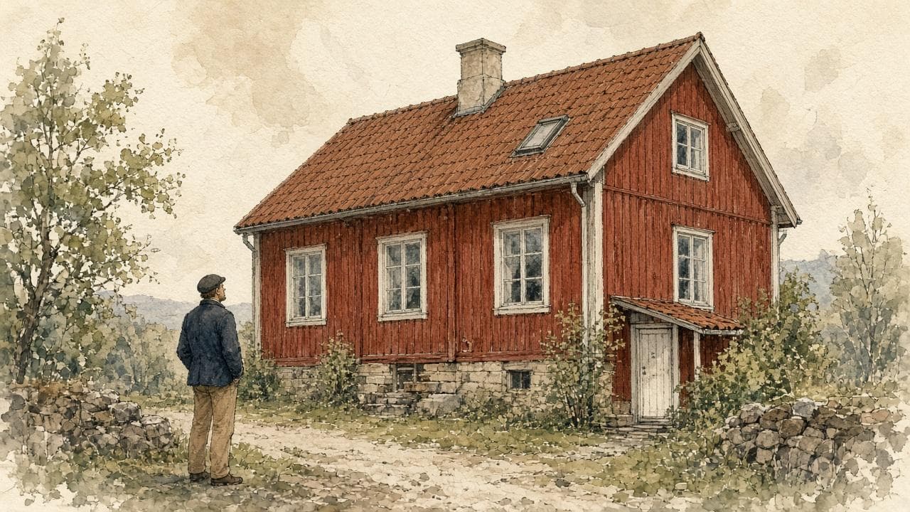 Besiktningsman tittar upp mot falurött tak och fasad
