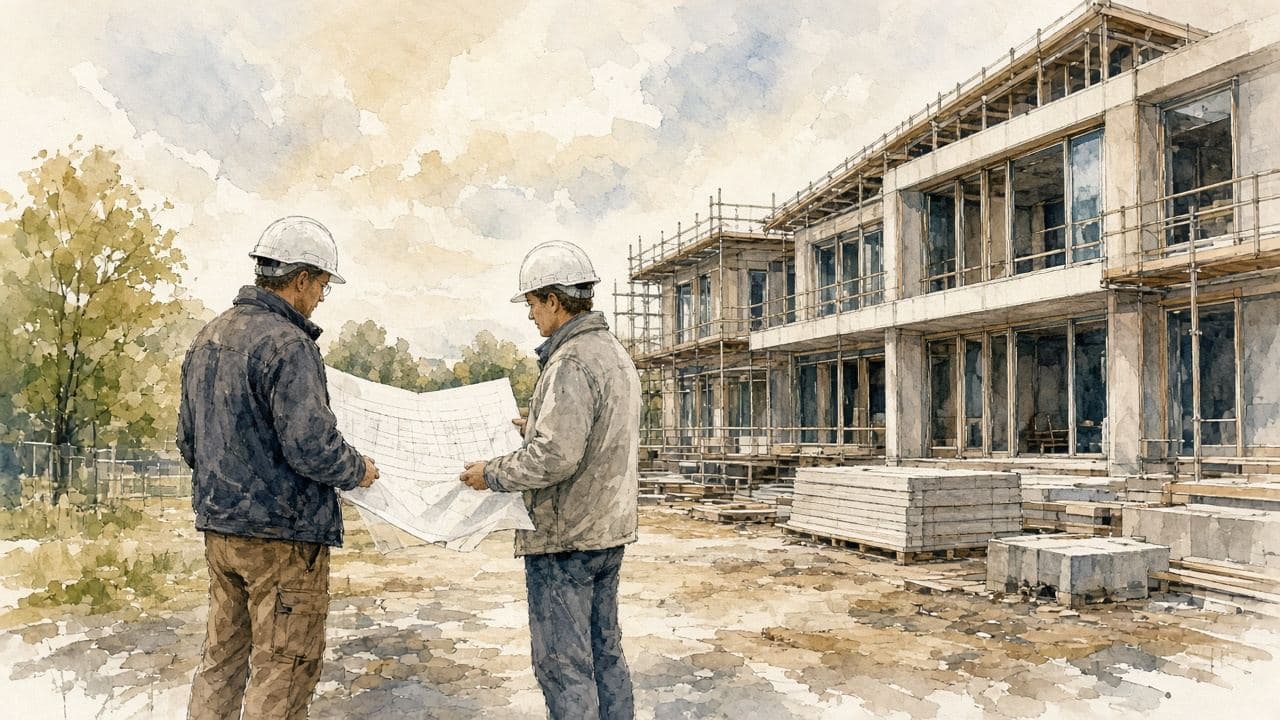 Två yrkespersoner med ritningar och hjälmar vid betongstomme