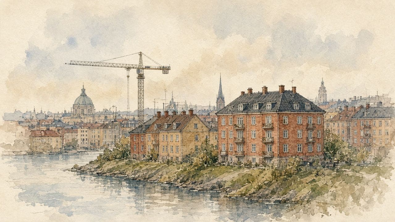Stadssiluett med kran över tegelhus vid vattnet