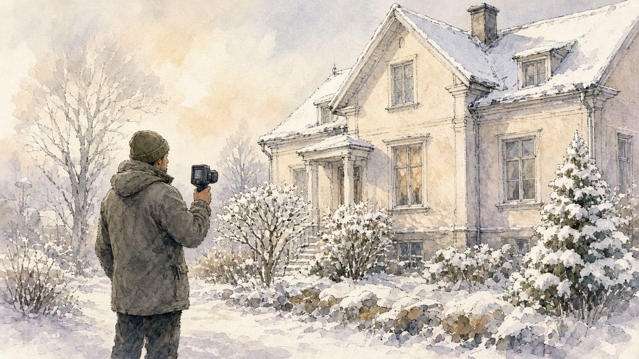 Person riktar värmekamera mot snötäckt villa