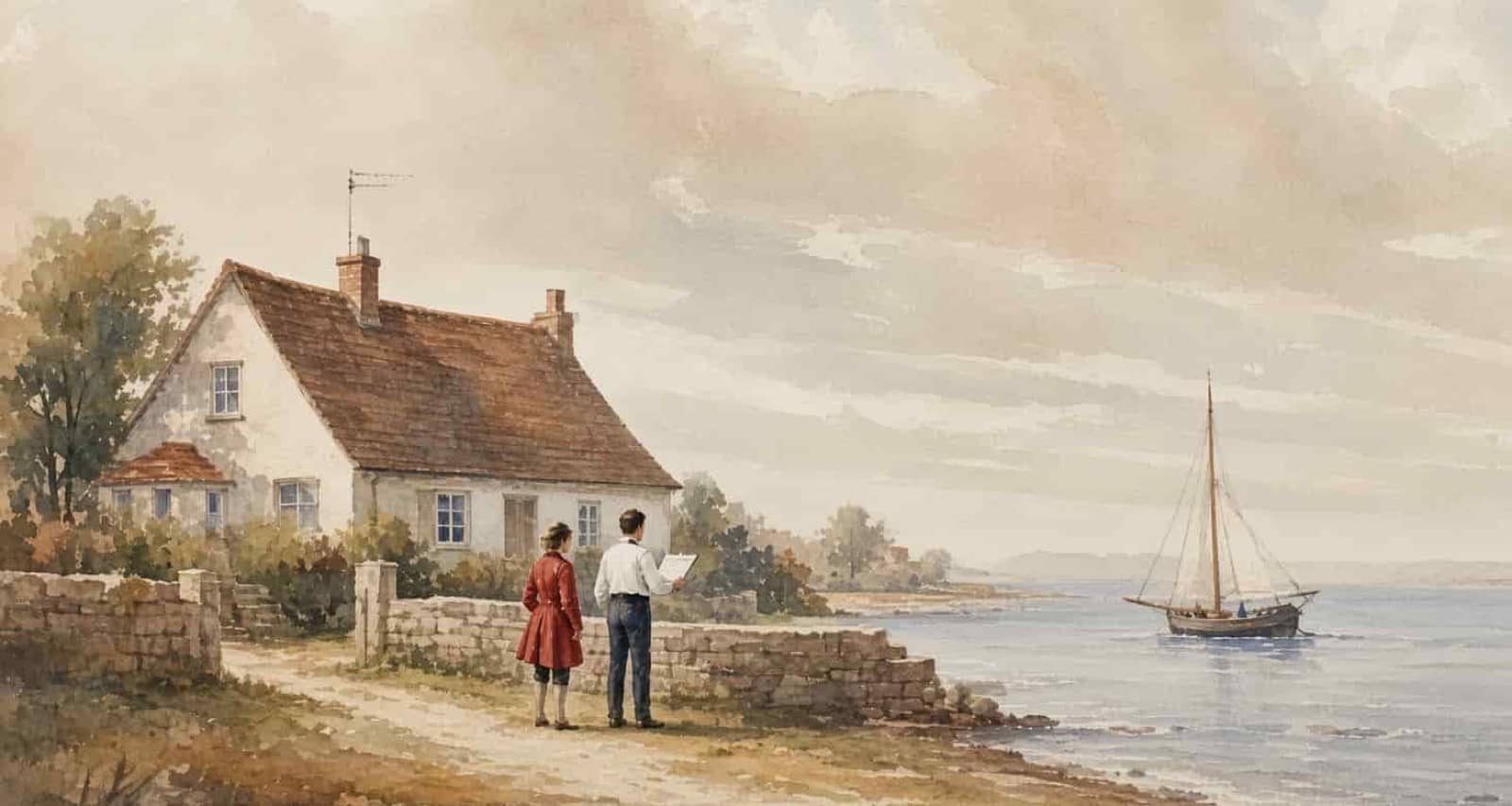 Akvarell: villa vid havet, ett par står vid stenmuren med besiktningsprotokoll